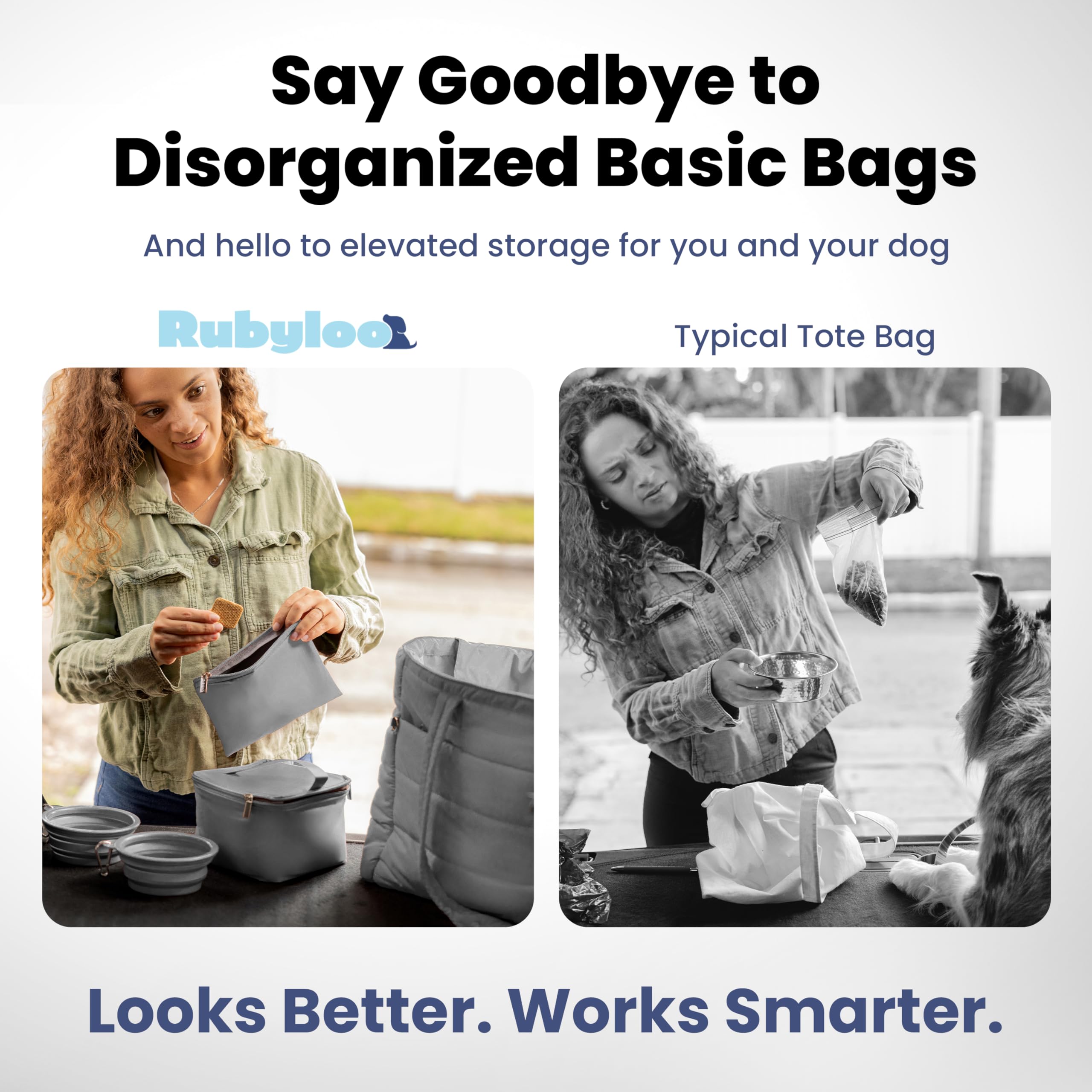 Rubyloo tote interior with nine pockets for treats, wipes, laptop, and phone.