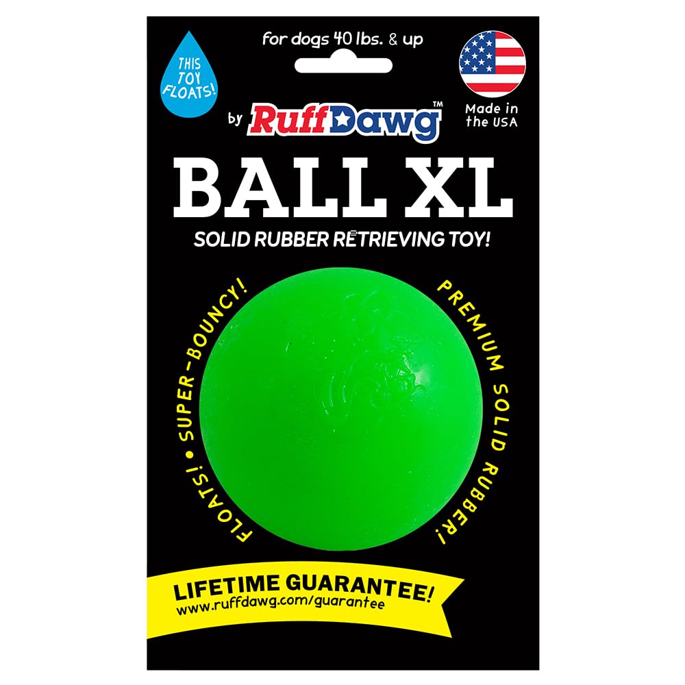 Ruff Dawg Ball XL neon close-up texture highlights durable chew-friendly design.