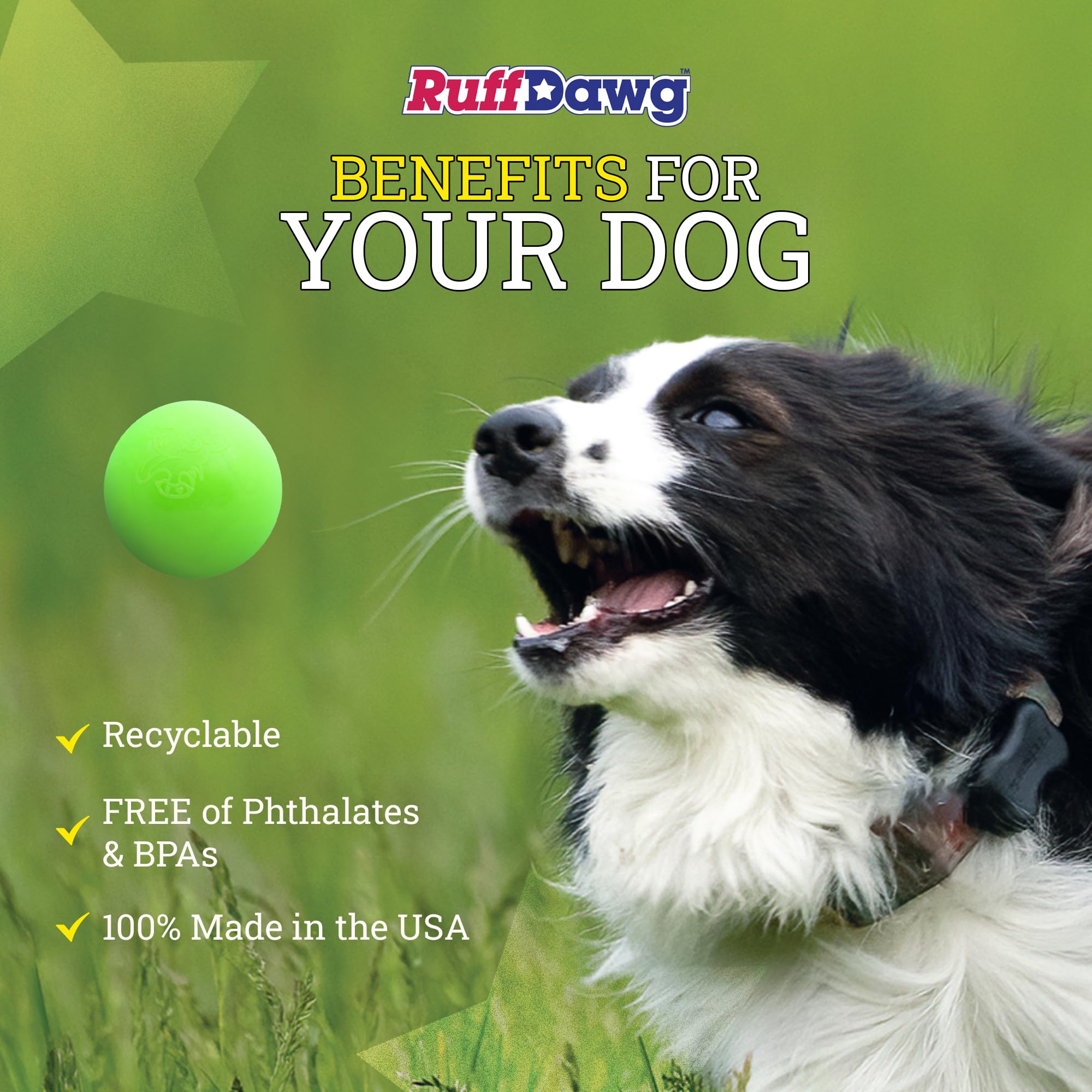 Ruff Dawg Ball XL neon outdoors yard scene emphasizes high-visibility for quick retrieval.
