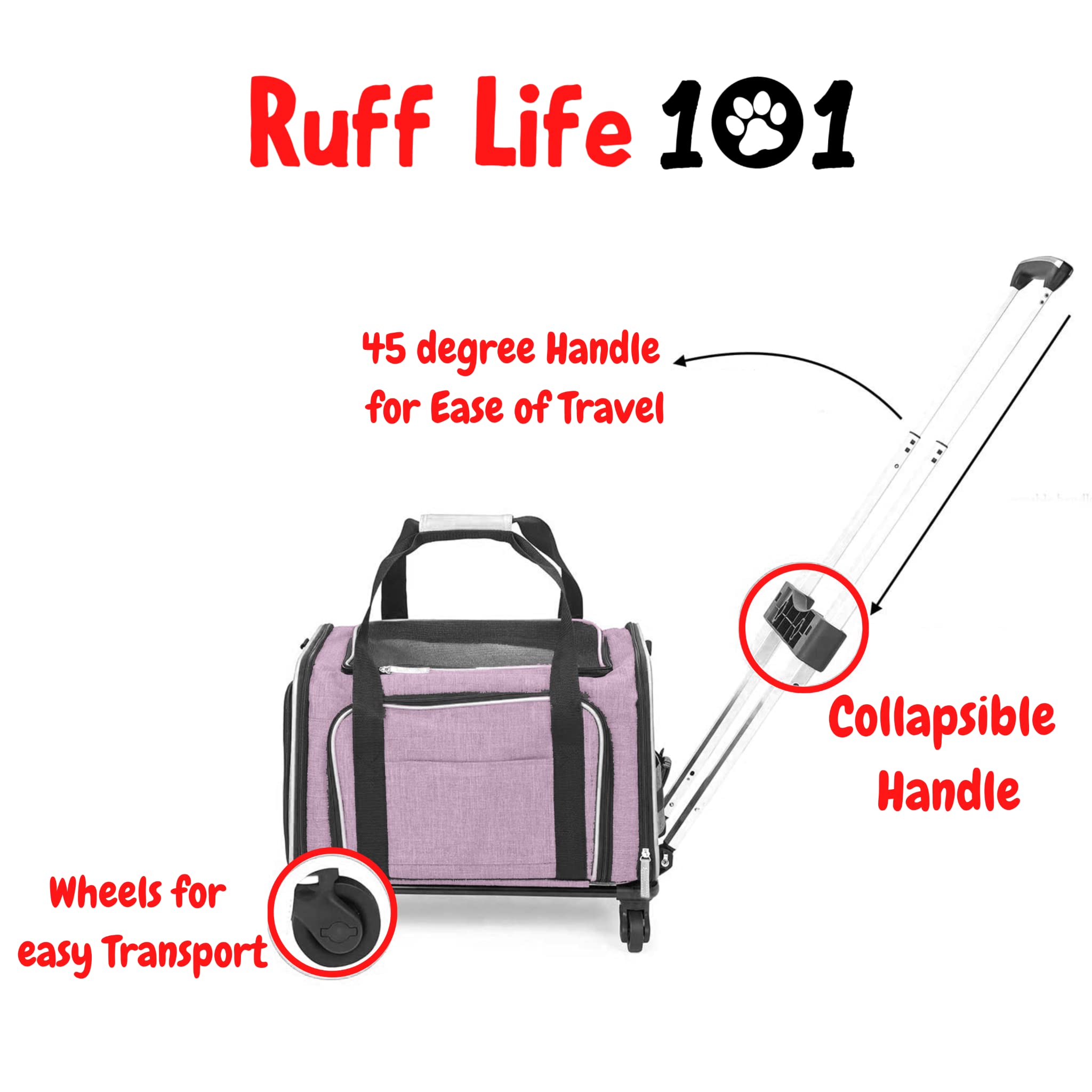 RUFF LIFE 101 pink wheeled carrier with smooth rolling design