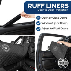 Ruff Liners backseat extender installation shows secure anchors for stable travel.