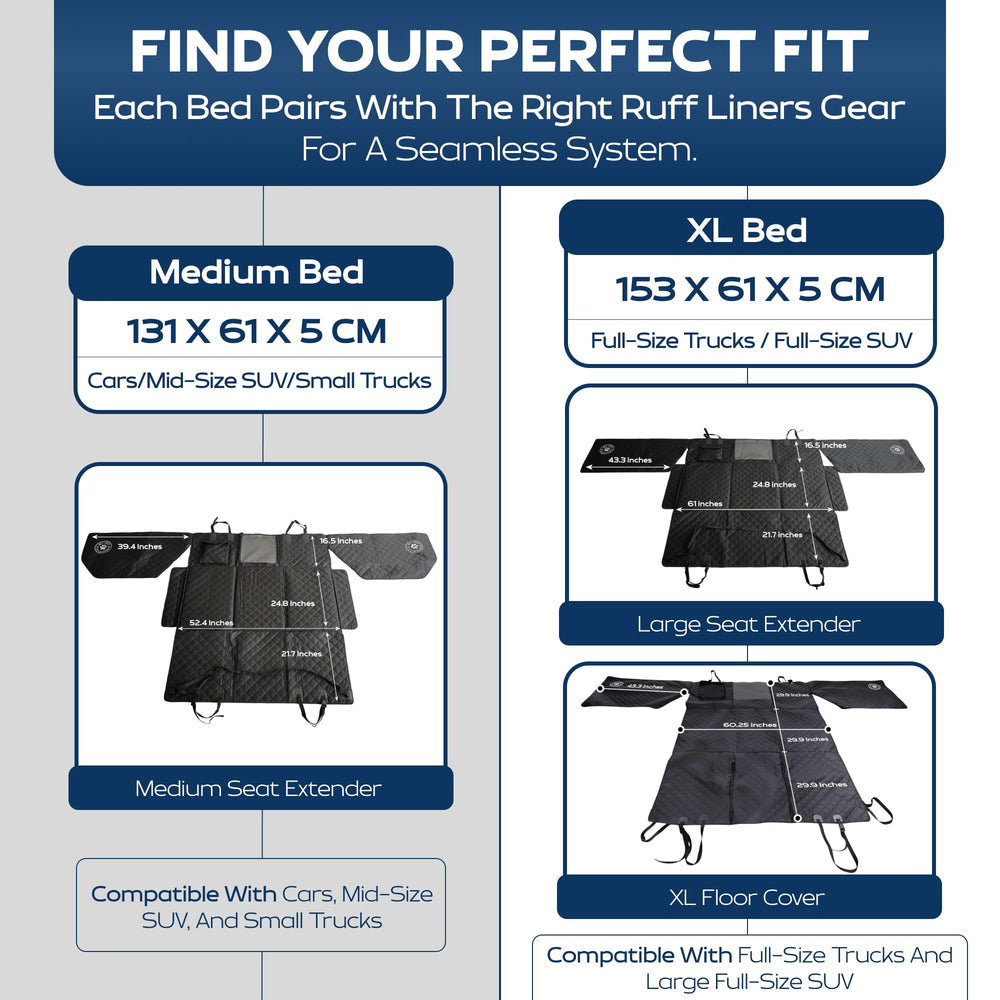 Ruff Liners dog bed on car seat with extender compatibility for stability.