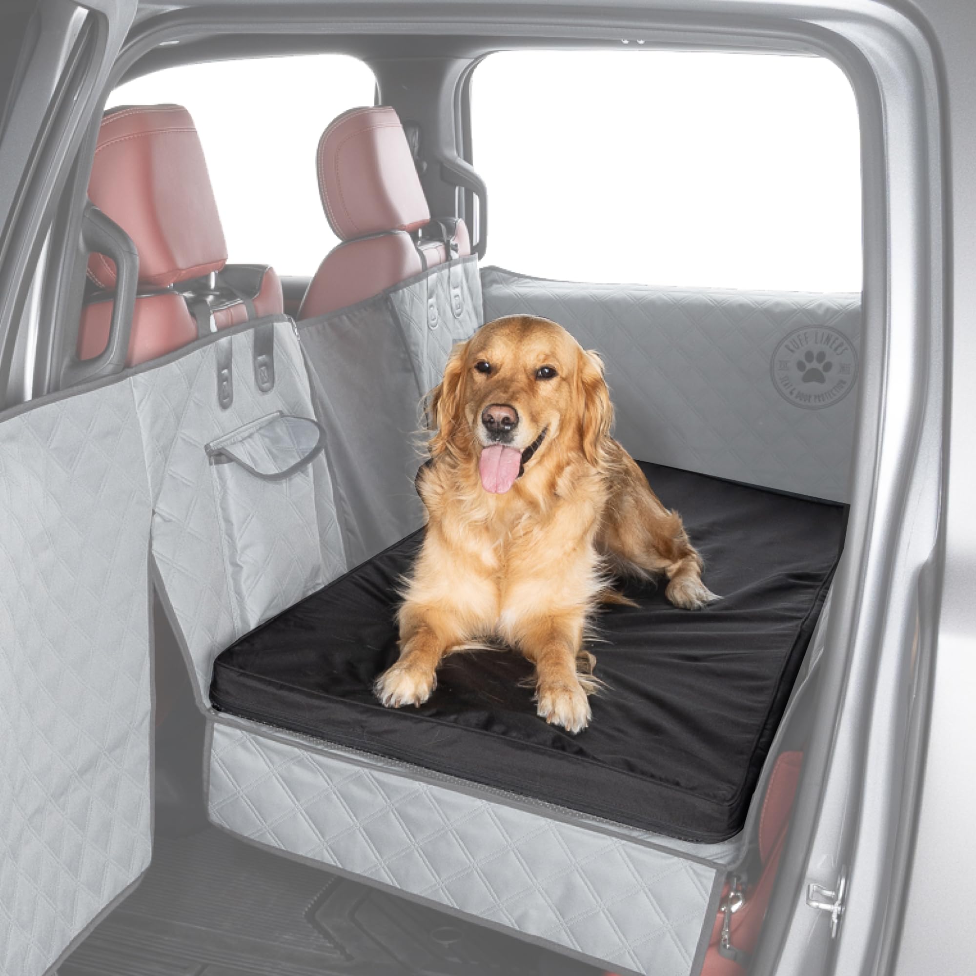Ruff Liners dog bed car back seat close-up showing rebound foam for comfort.