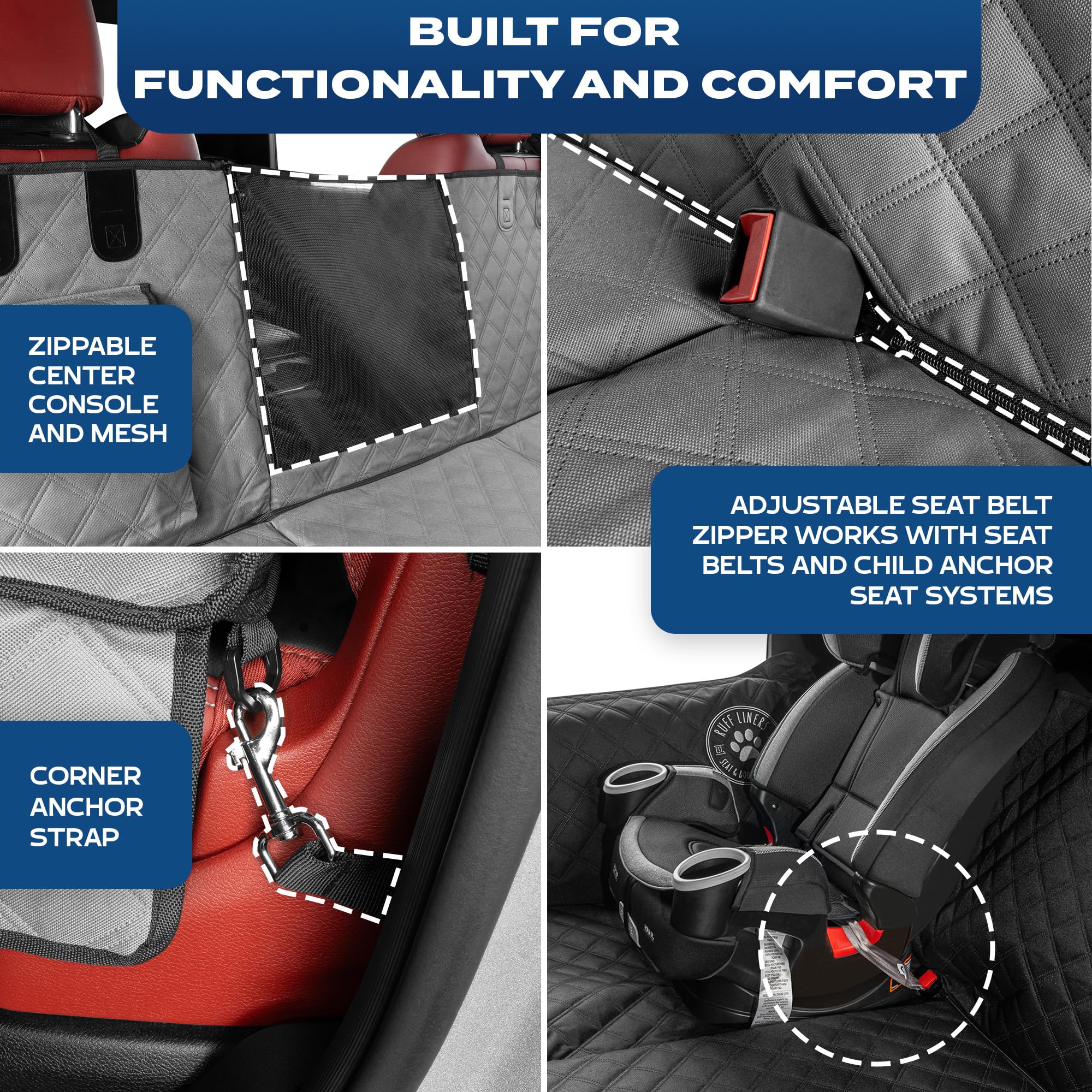 Ruff Liners gray back seat extender features storage pocket for quick-access essentials.