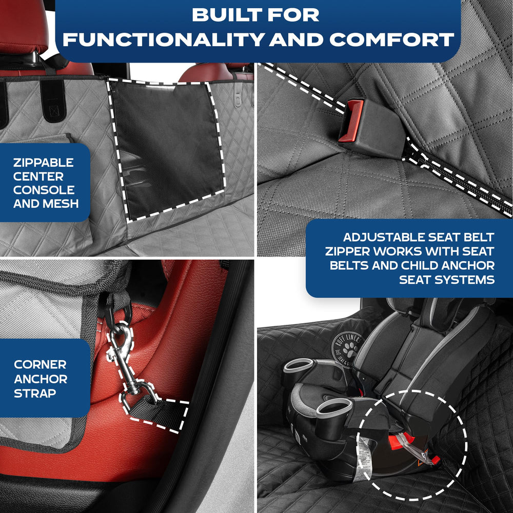 Ruff Liners gray back seat extender features storage pocket for quick-access essentials.