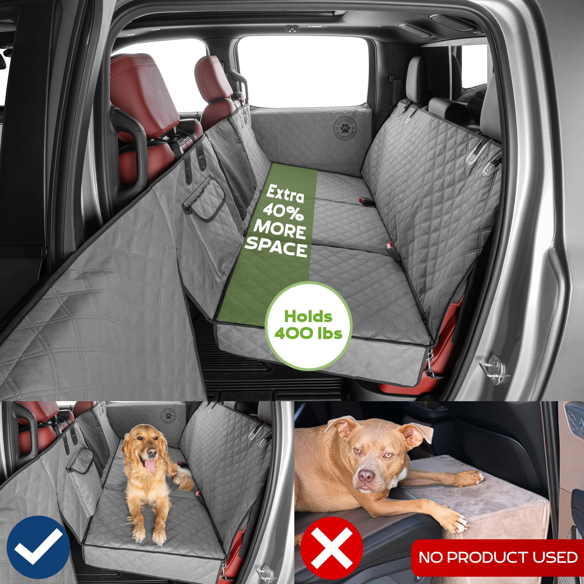 Ruff Liners medium back seat extender with dog sprawled comfortably and supported up to 400 pounds.