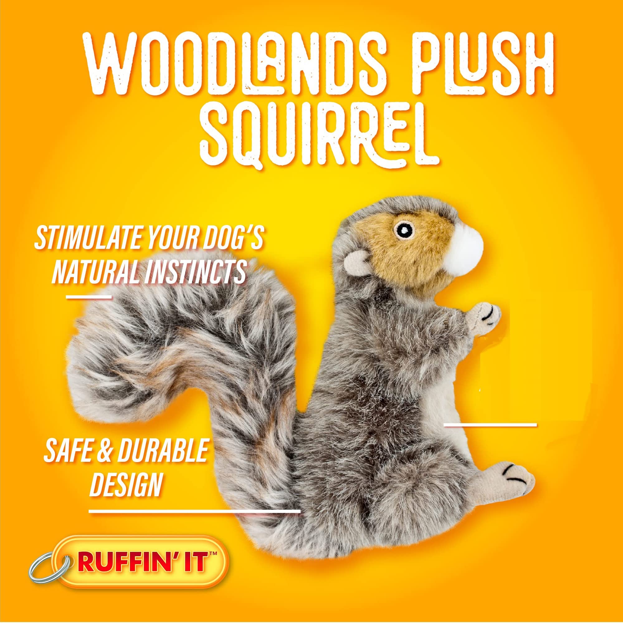 RUFFIN' IT Reaowazo Woodlands Plush Squirrel Toy durable stitching supports long-lasting fetch sessions.