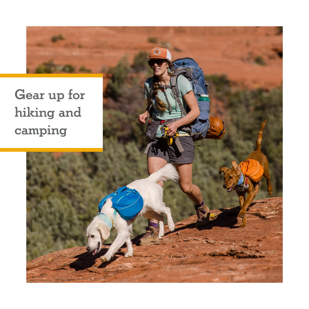 Ruffwear Approach Pack weight-forward design shown with fit chart and how-to-fit video.