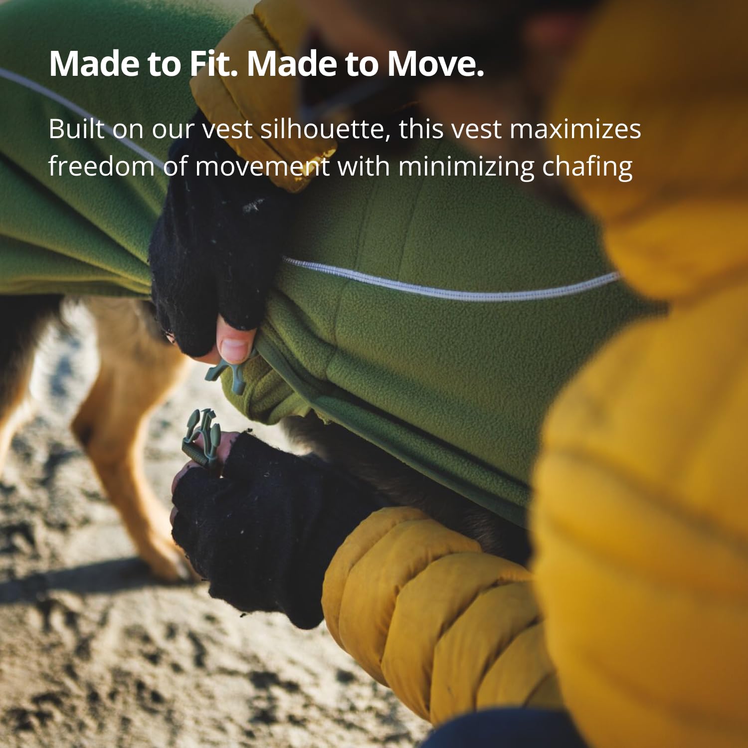 Ruffwear Climate Changer adjustable-fit vest secures a comfortable, customizable fit.