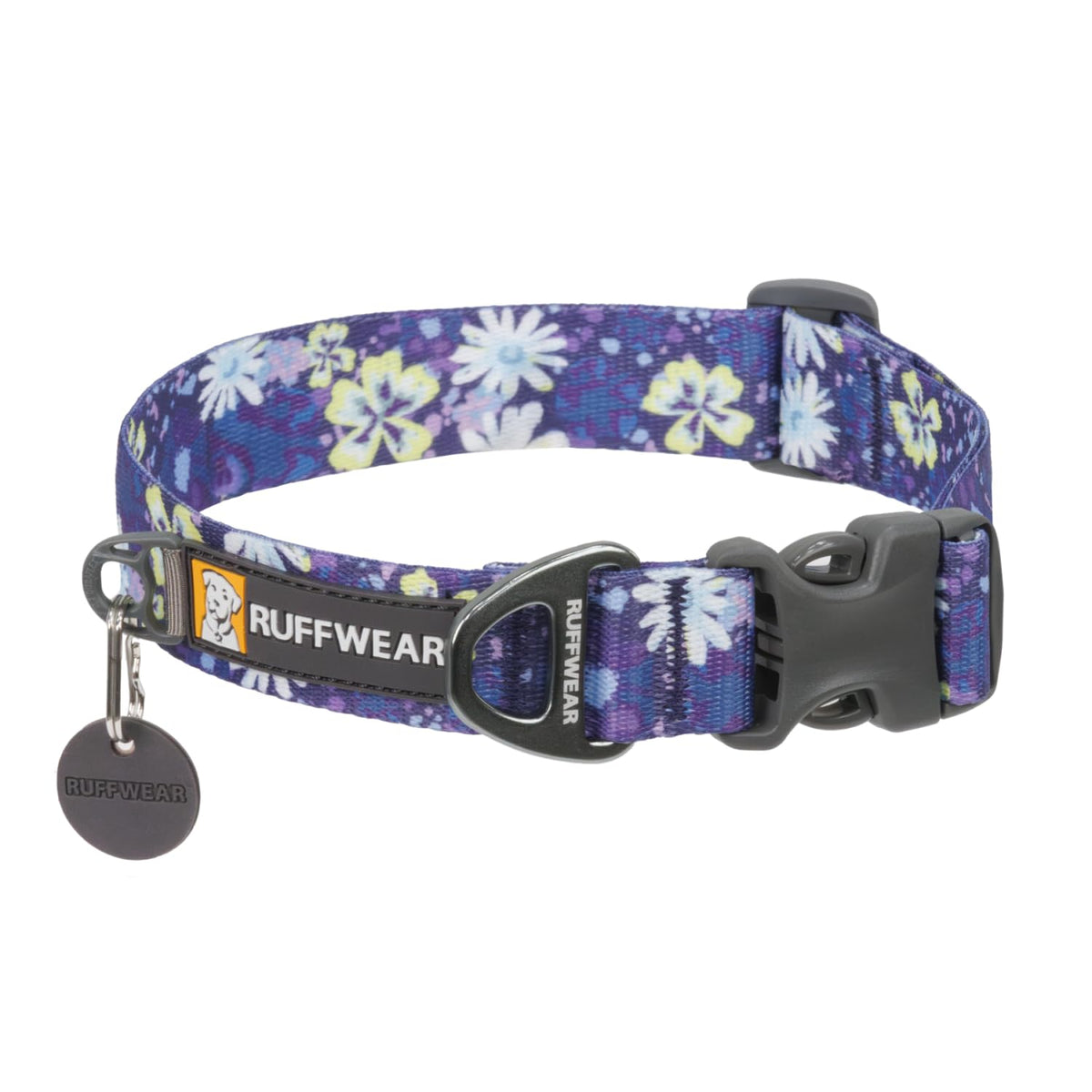Ruffwear Front Range collar strap closeup shows Tubelok webbing and colorfast finish for daily use.