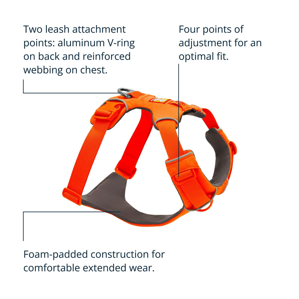 Ruffwear Front Range harness foam-padded chest for comfortable long wear.