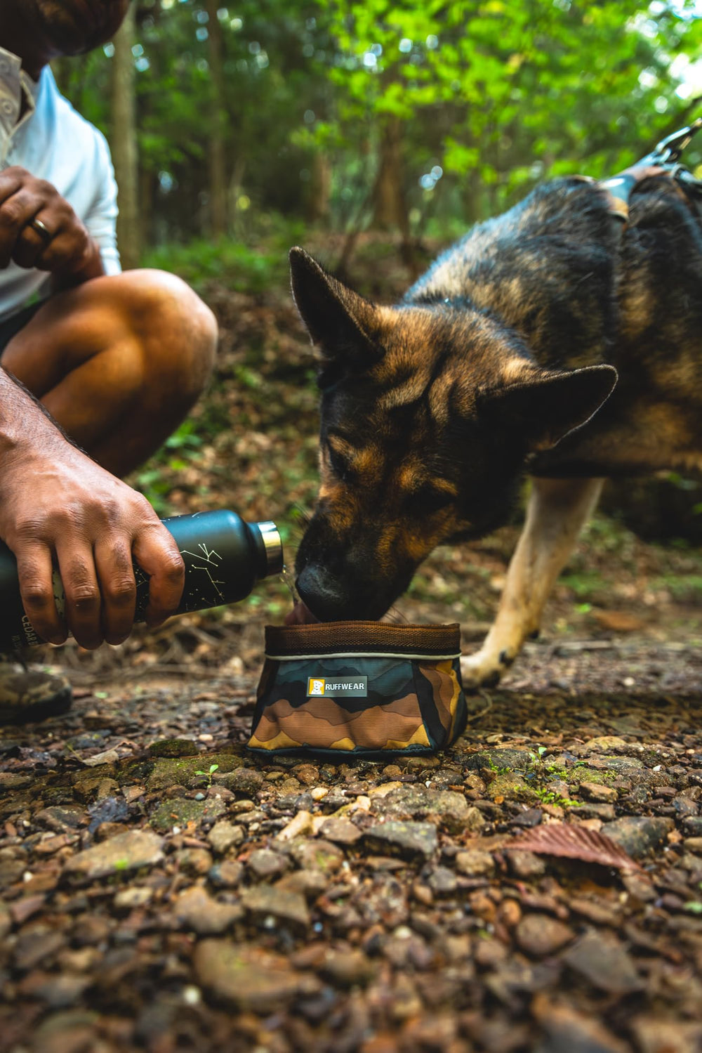 Ruffwear Quencher bowl with reflective trim enhances visibility at dusk