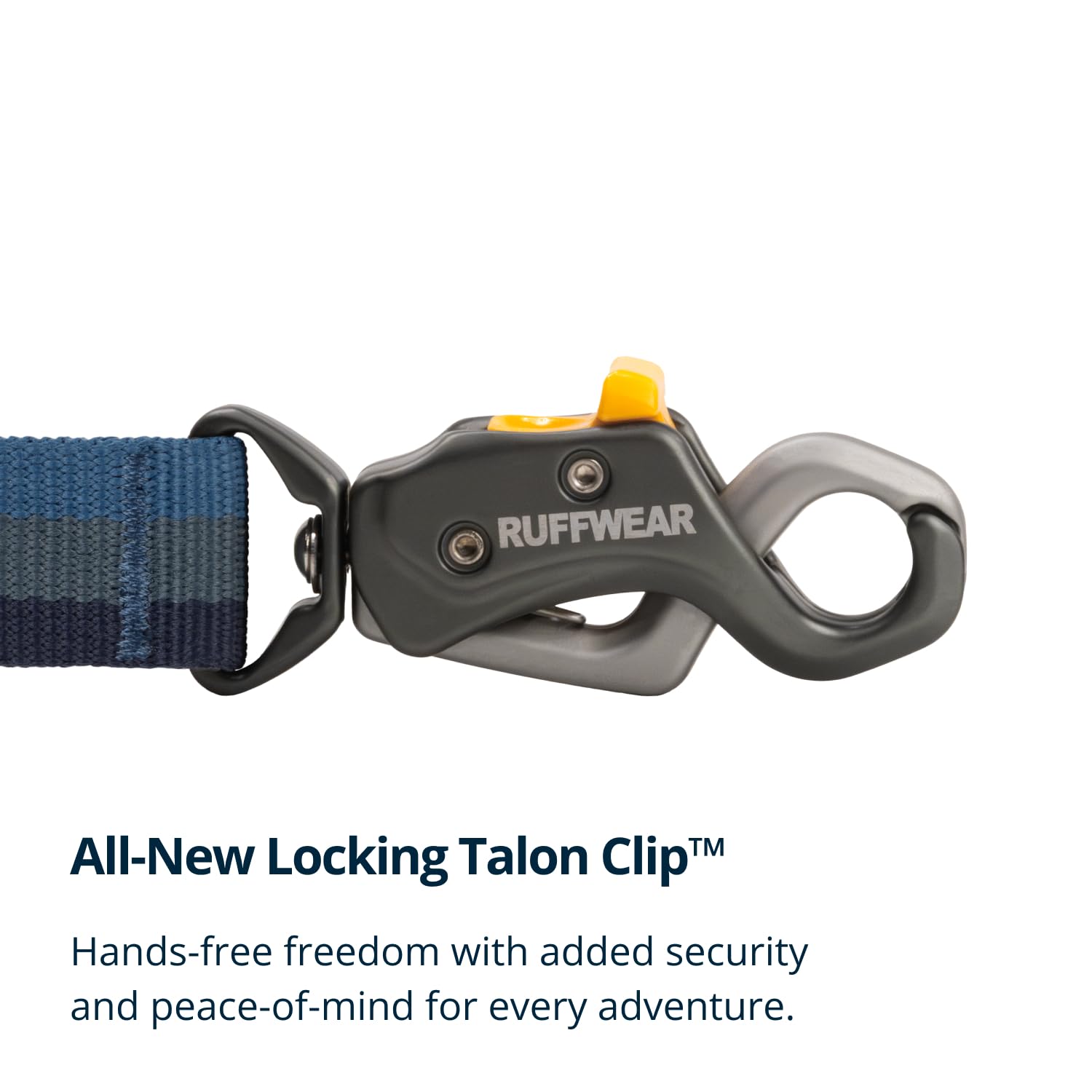 Ruffwear Roamer Lock Talon Clip closeup highlighting secure quick-clip function.