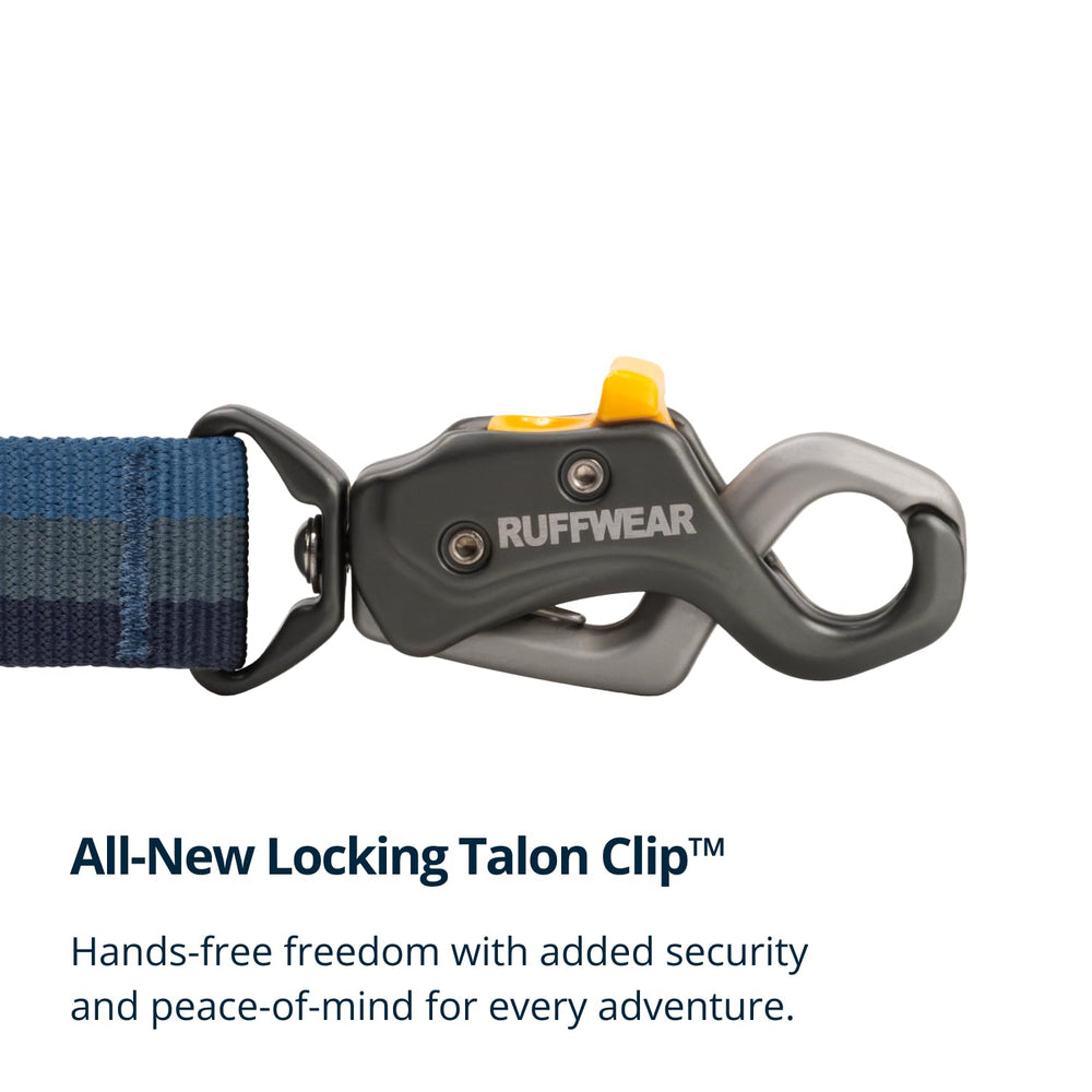 Ruffwear Roamer Lock Talon Clip closeup highlighting secure quick-clip function.