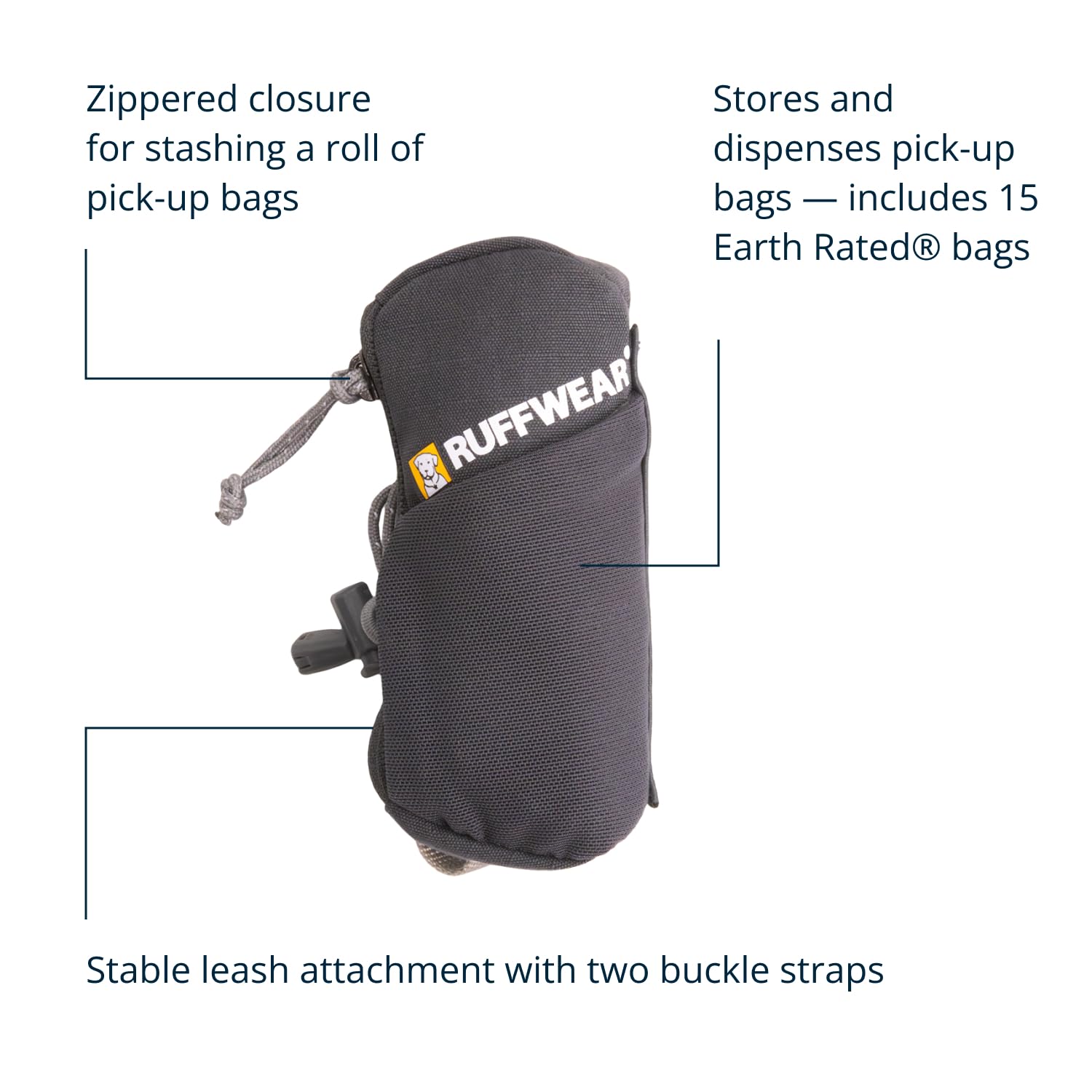 Ruffwear Stash Bag Mini zip-pocket fits standard rolls for easy one-handed dispensing.