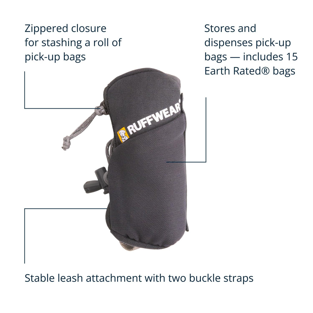 Ruffwear Stash Bag Mini zip-pocket fits standard rolls for easy one-handed dispensing.