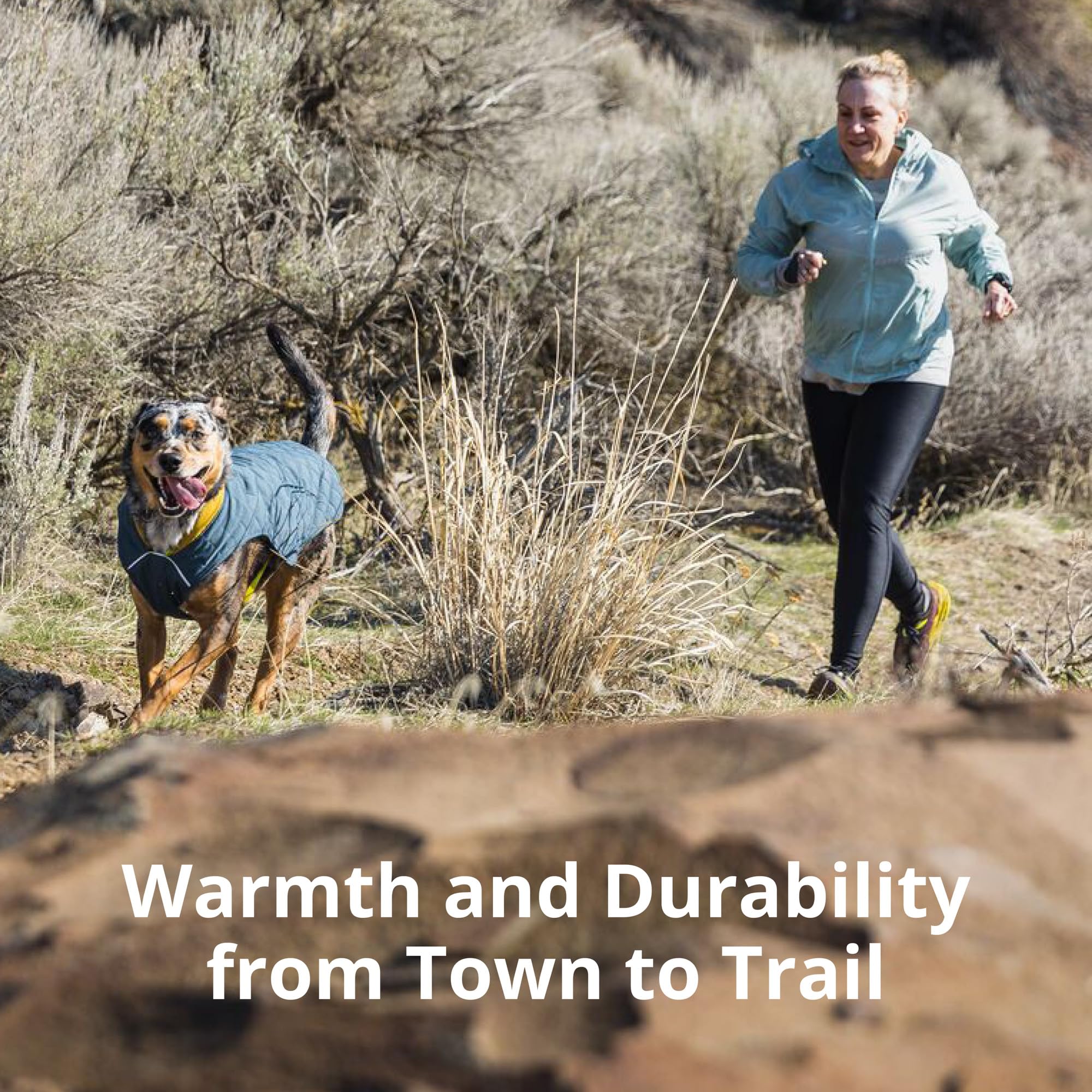 Ruffwear Stumptown Jacket back with leash portal facilitates clean harness transitions.