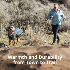 Ruffwear Stumptown Jacket back with leash portal facilitates clean harness transitions.