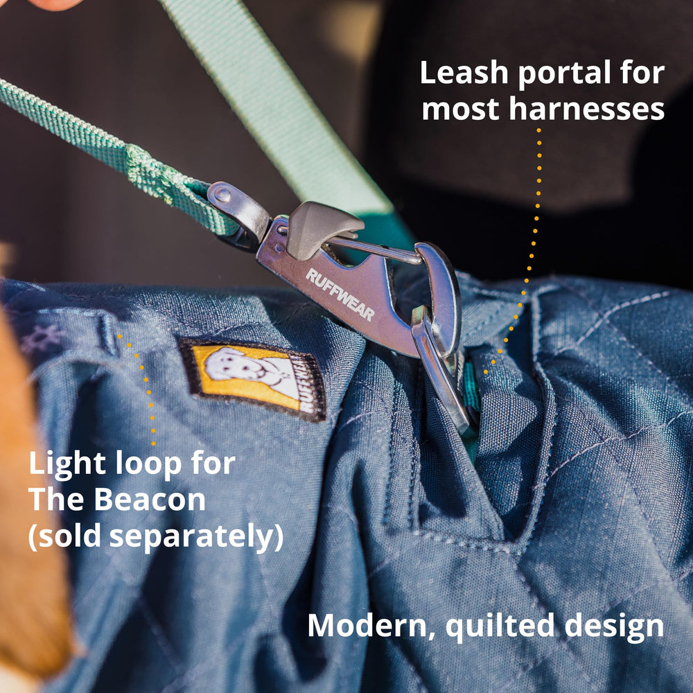 Ruffwear Stumptown Jacket reflective trim boosts visibility during low-light walks.