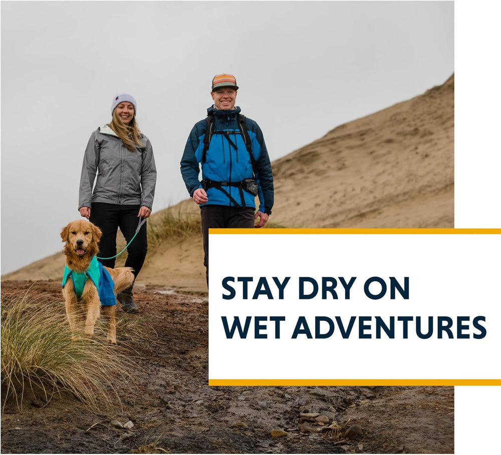 Ruffwear Sun Shower dog wearing mineral yellow raincoat on a rainy walk.