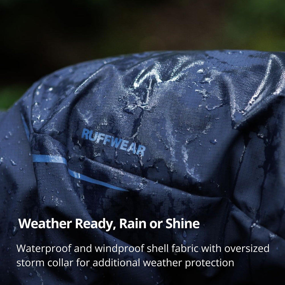 Ruffwear Sun Shower oversized storm collar keeps neck protected in gusty rain