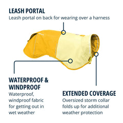 Ruffwear Sun Shower weatherproof shell closeup highlights durable seam-sealed 70D/210D ripstop fabric.