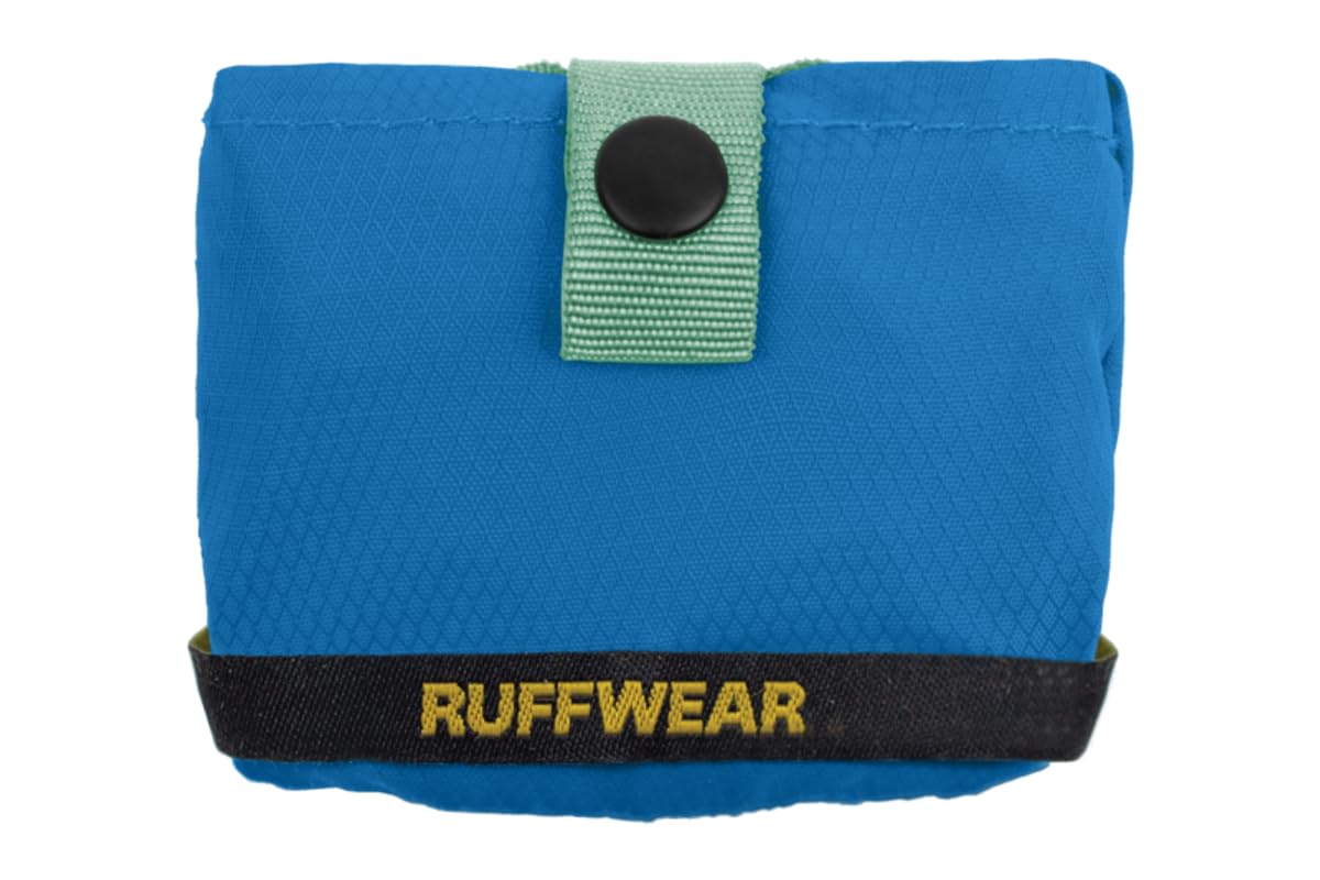 Ruffwear Trail Runner blue pool fabric shows waterproof coated surface.