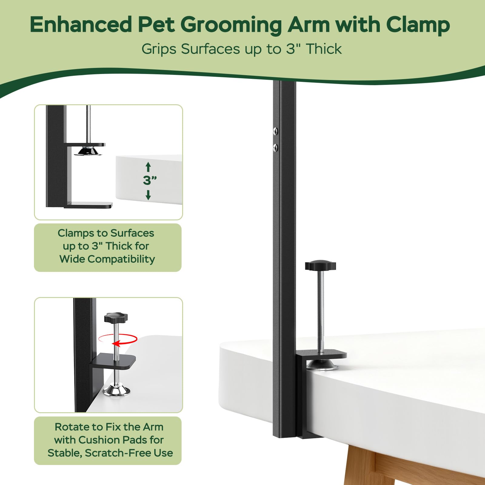 Ruiony stainless steel grooming arm offers durable, smooth grooming surface