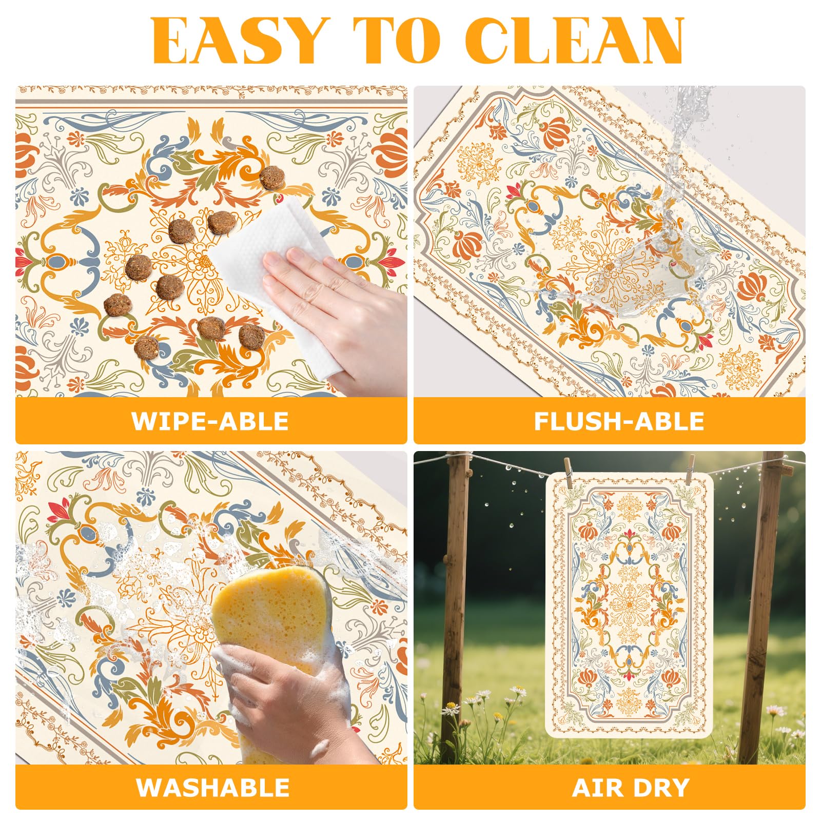Ruirichfun pet mat non-slip bottom helps bowls stay put.