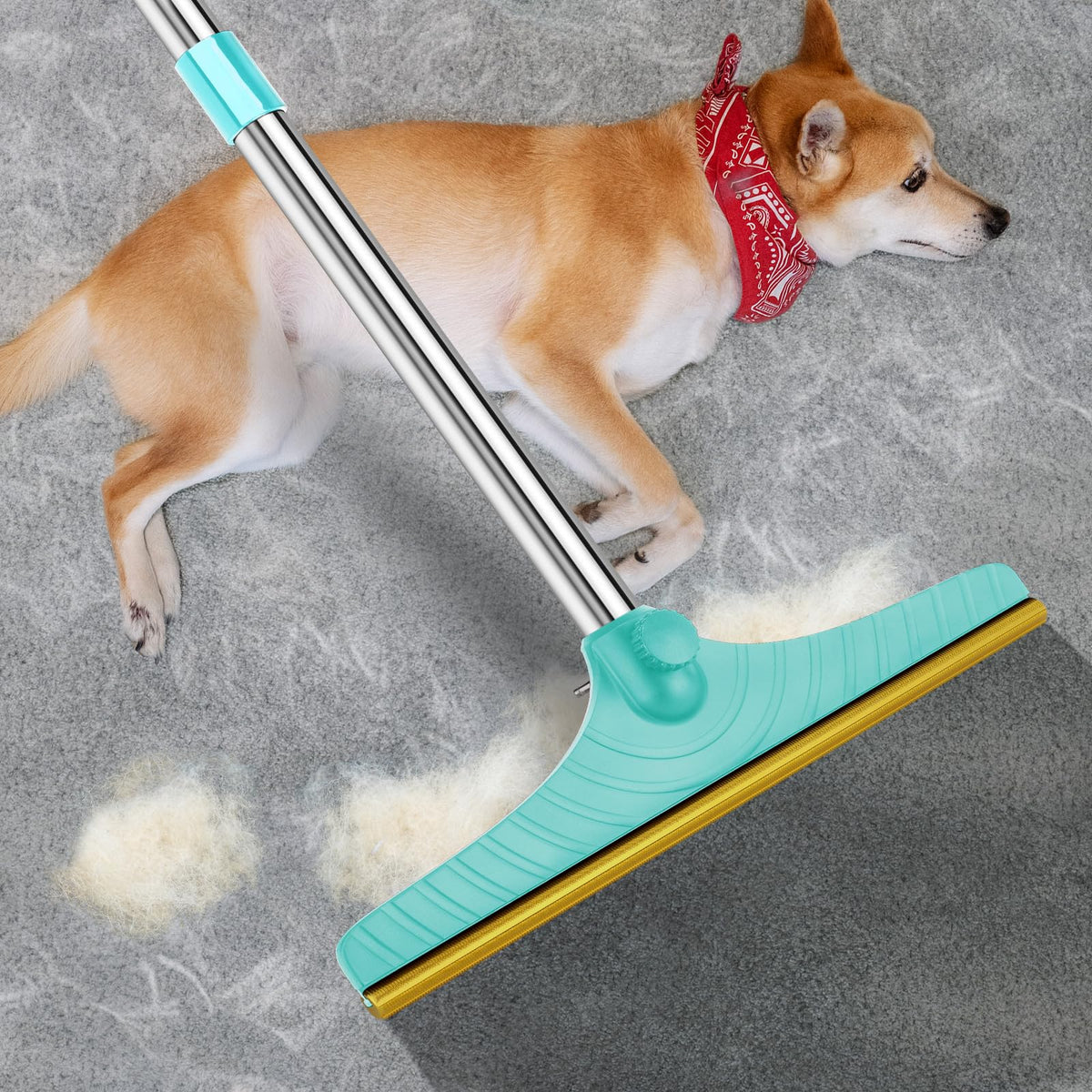Rundik Carpet Rake with 45-inch handle in use, standing-clean convenience for pet hair.
