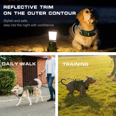 RunFido arnés con banda reflectiva para visibilidad nocturna.