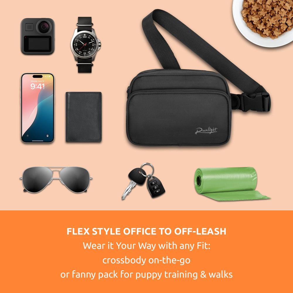 Runlight dual-compartment design keeps treats, wallet, and phone neatly organized