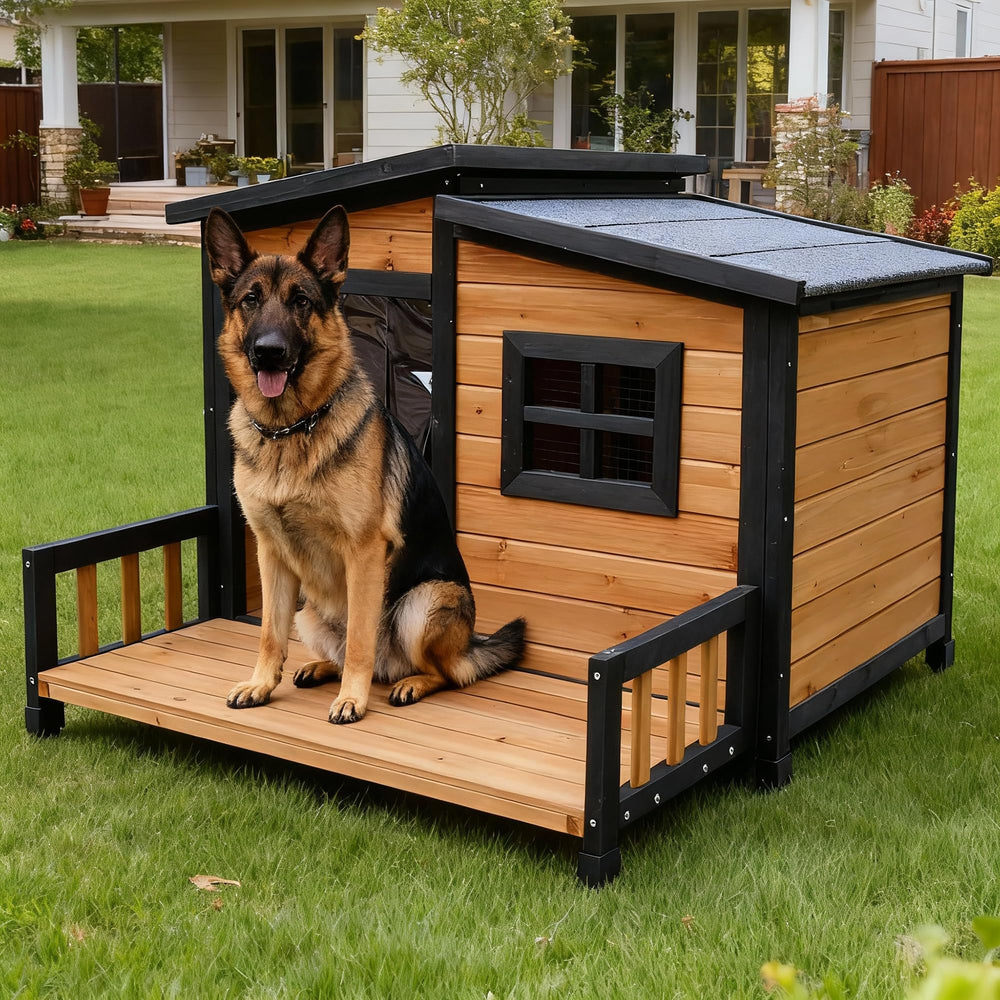 RUNSHED large dog house front view with elevated floor and weatherproof pine build.