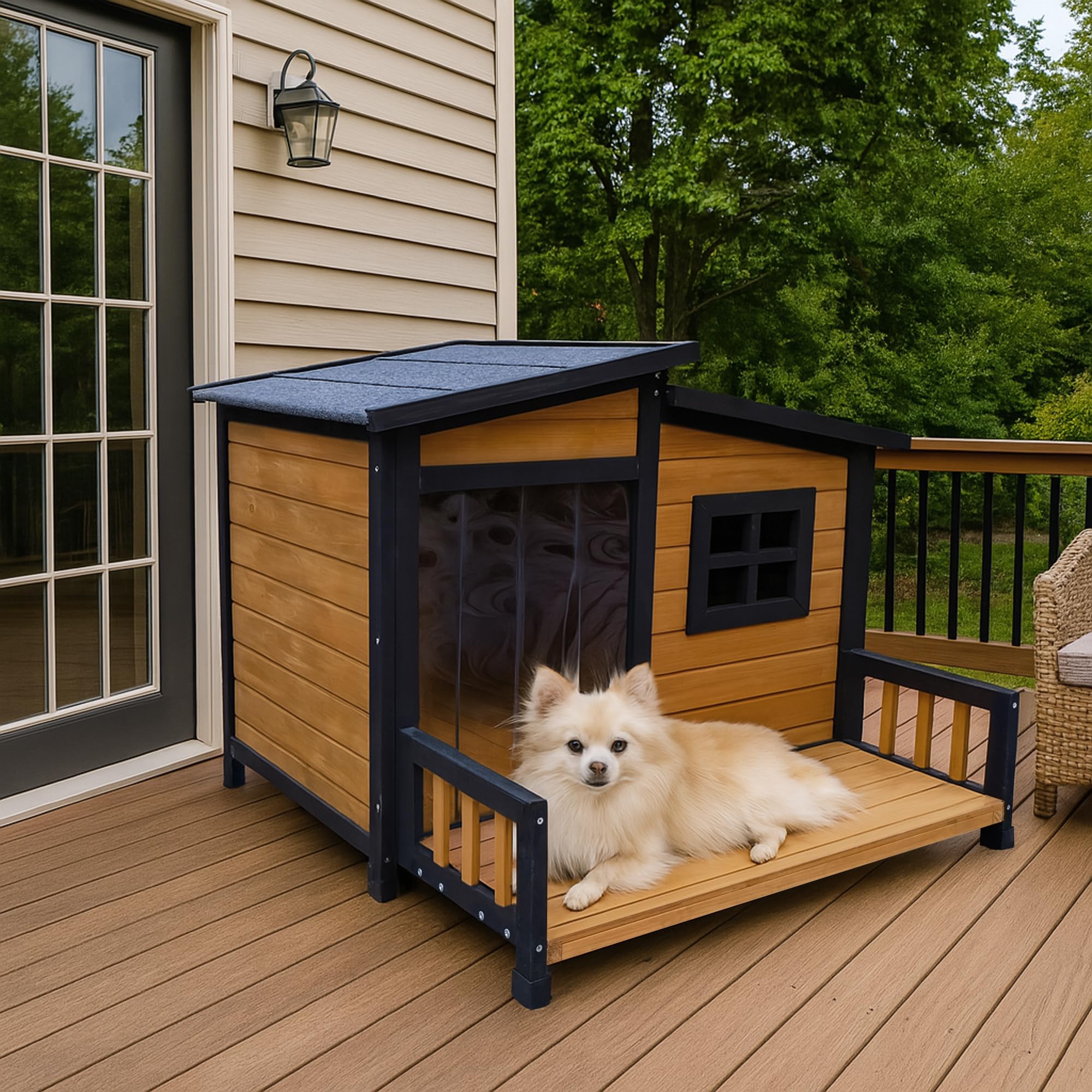 RUNSHED in-use-outdoor dog enjoying shaded shelter and fresh air.