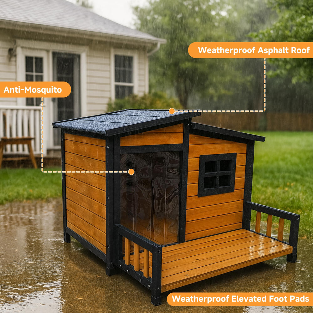 RUNSHED large dog house roof detail featuring sloped roof for rain runoff.