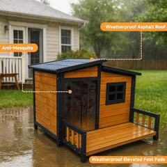 RUNSHED large dog house roof detail featuring sloped roof for rain runoff.