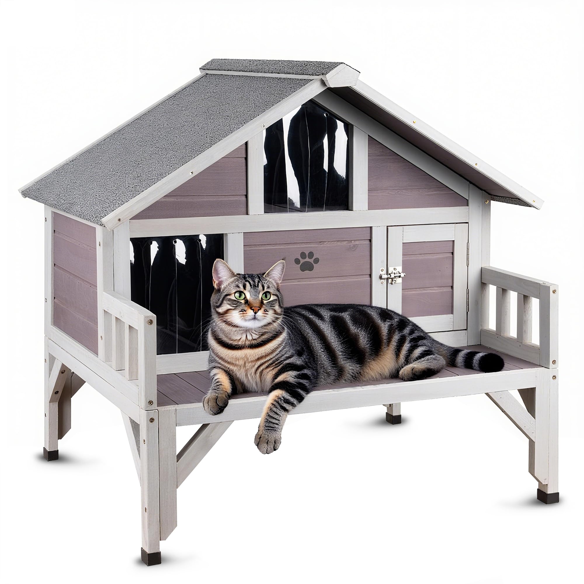 RUNSHED Outdoor Cat House balcony view demonstrates multi-cat shelter for winter warmth.