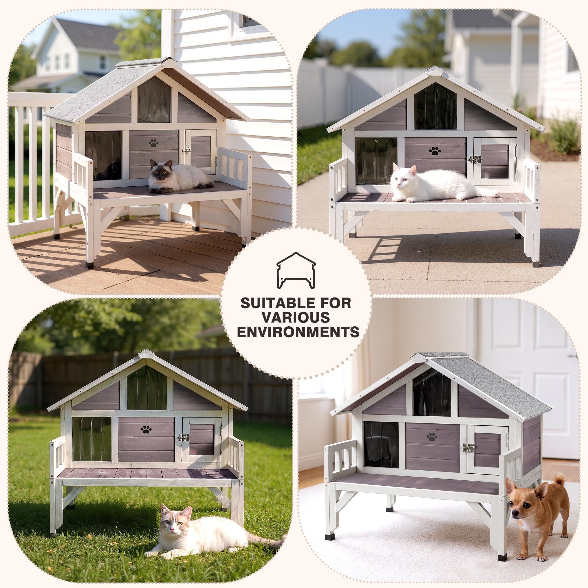 RUNSHED outdoor cat house three-entry-points enables easy access and safe play.