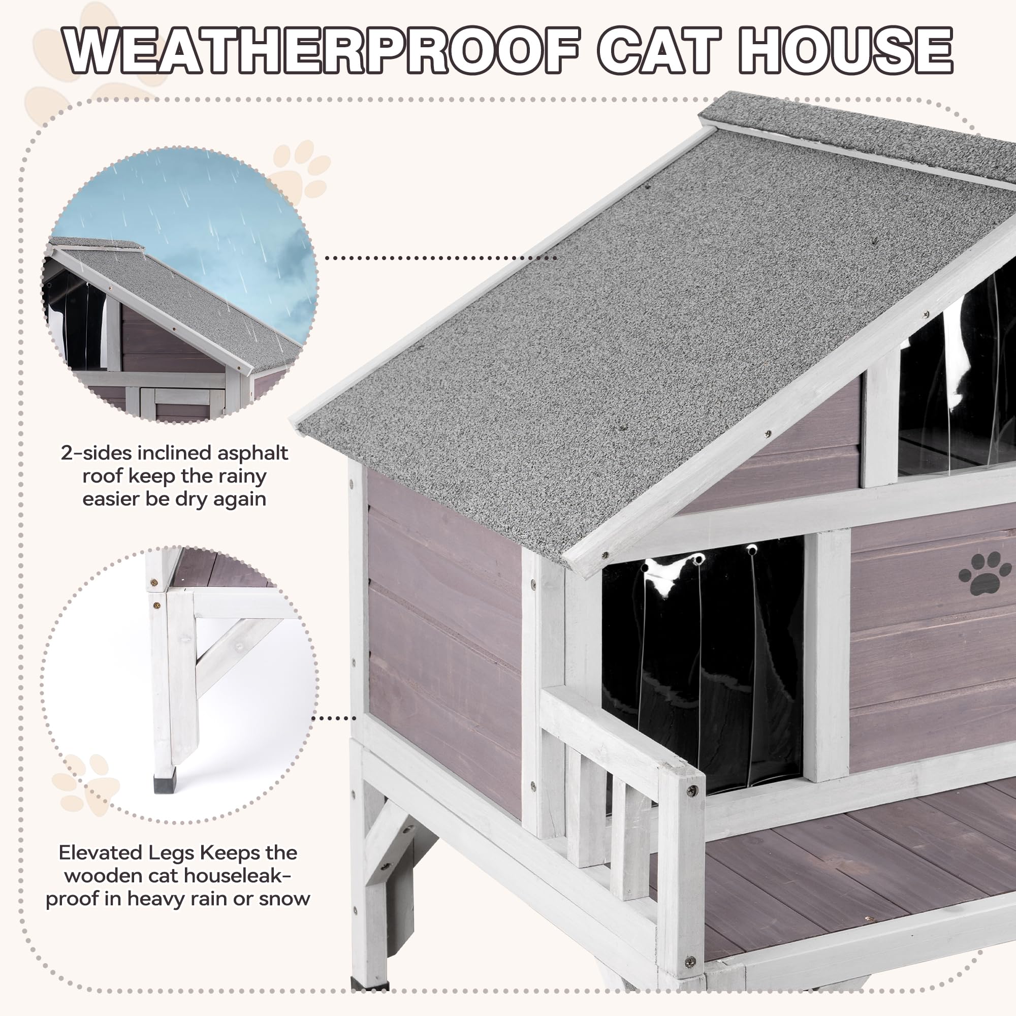 RUNSHED weatherproof pine cat shelter showcases durable roof guarding against rain and snow.