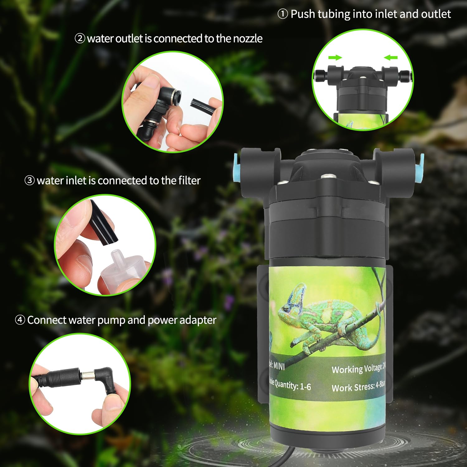 RUNWUSHENG reptile mister system self-priming-pump close-up highlights low-noise operation