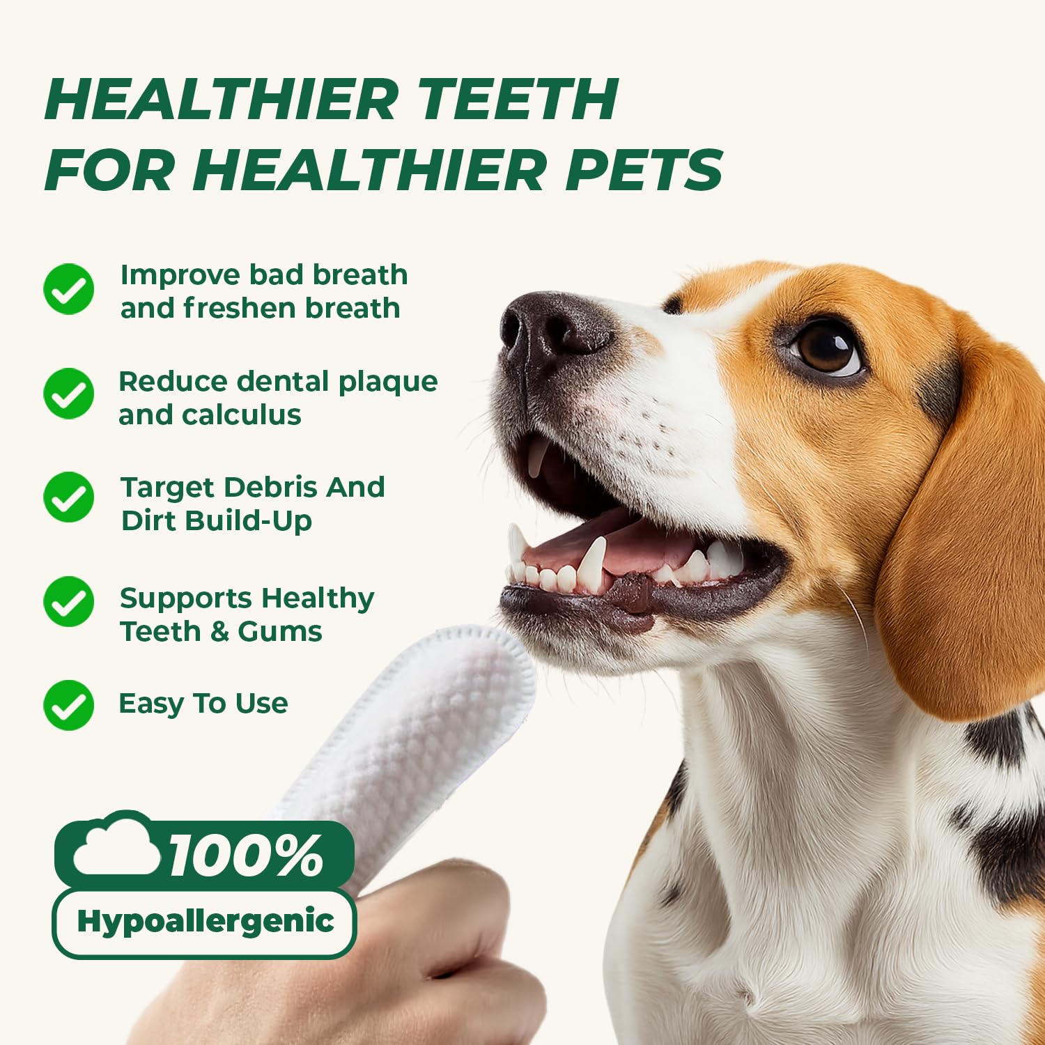 RunyePet finger wipes applied to a dog's teeth for quick cleaning.