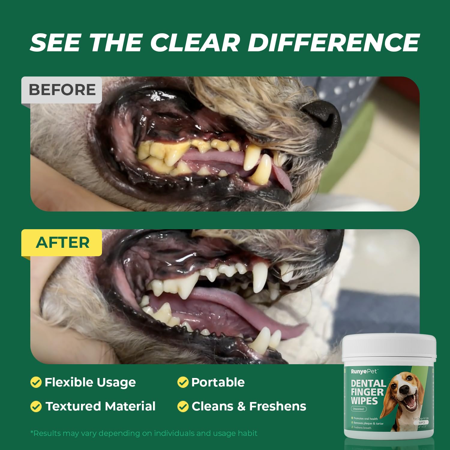 RunyePet pet dental wipes used on a cat's mouth for fresh breath.