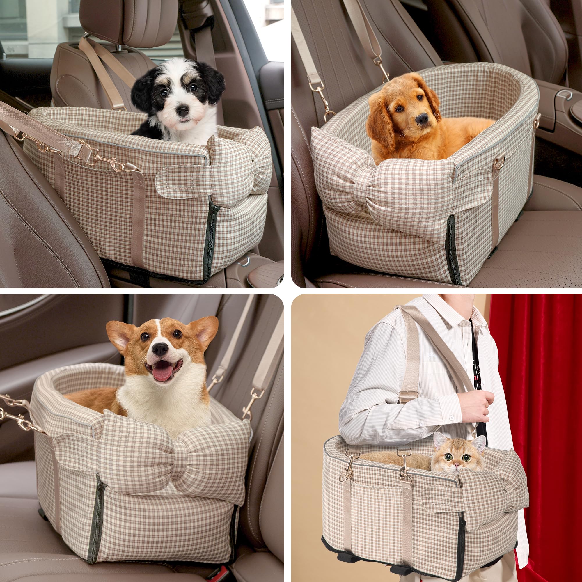 RUONARIER center-console dog seat anti-slip straps secure to headrests for stable rides.