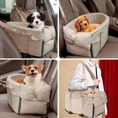 RUONARIER center-console dog seat anti-slip straps secure to headrests for stable rides.