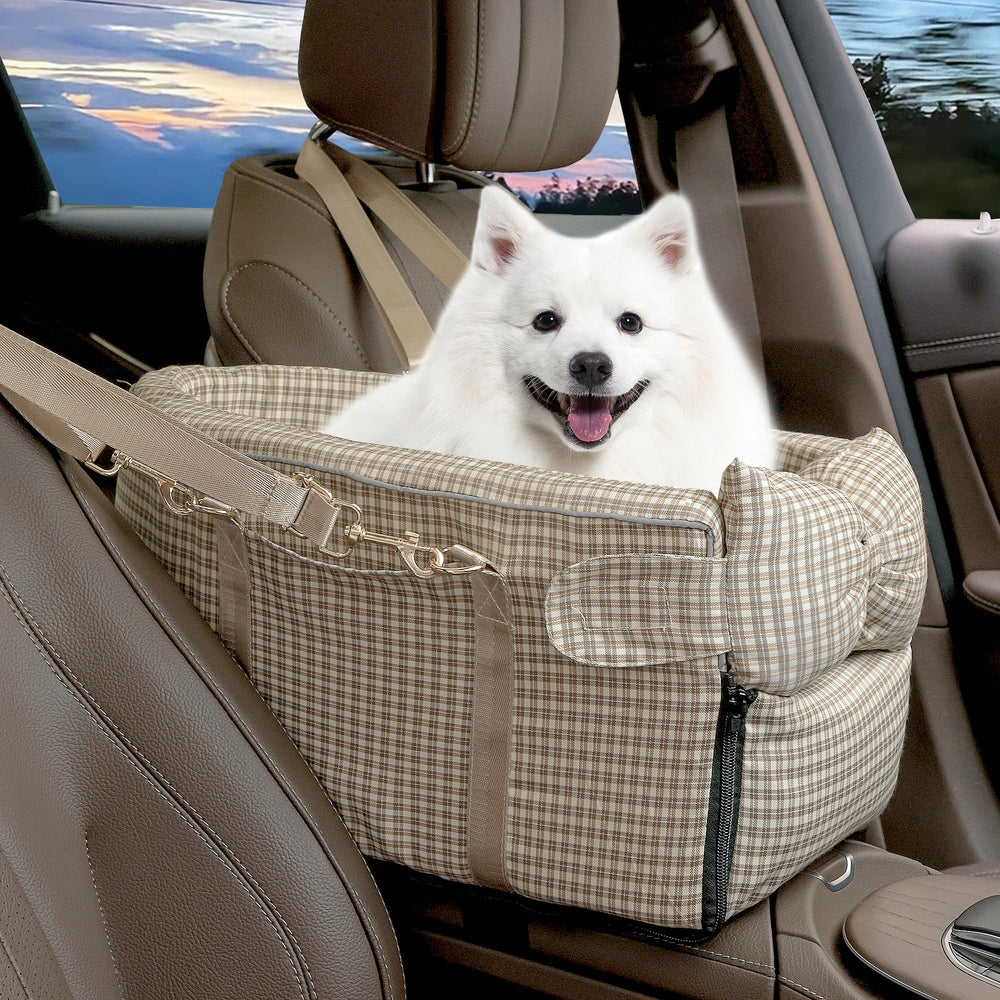 RUONARIER center-console dog seat in soft grid material keeps small pets comfy on car trips.