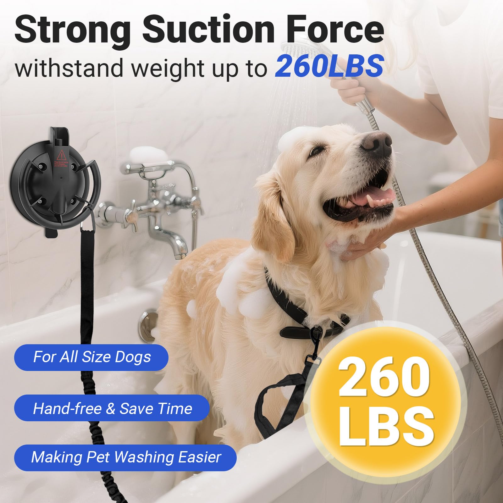 Ruppence dog suction cup attached to shower wall for secure bathing.