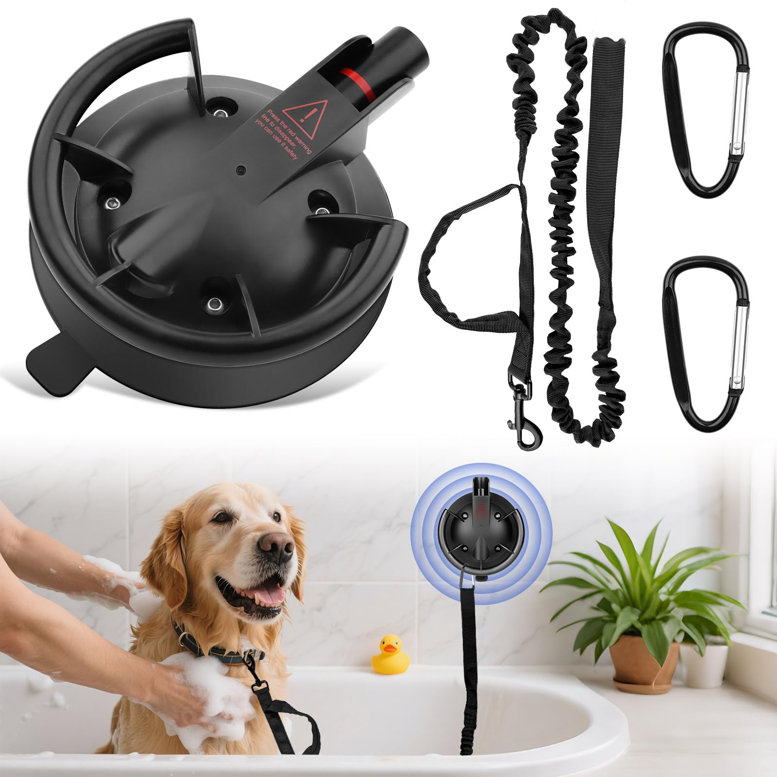 Ruppence dog bathing suction cup demonstrates adjustable height for different dogs.
