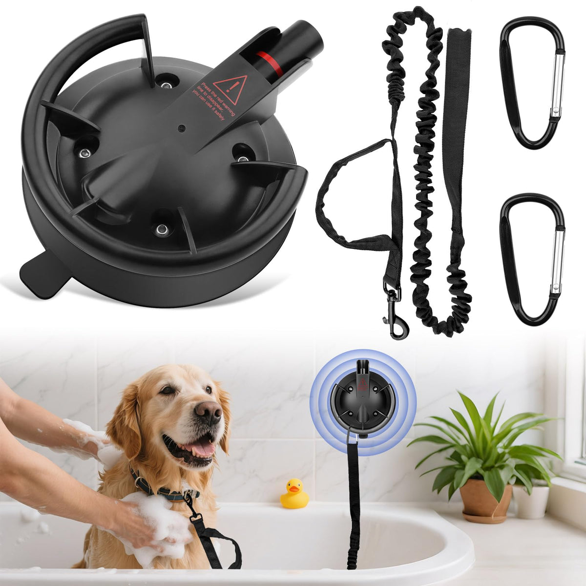 Ruppence dog bathing suction cup demonstrates adjustable height for different dogs.