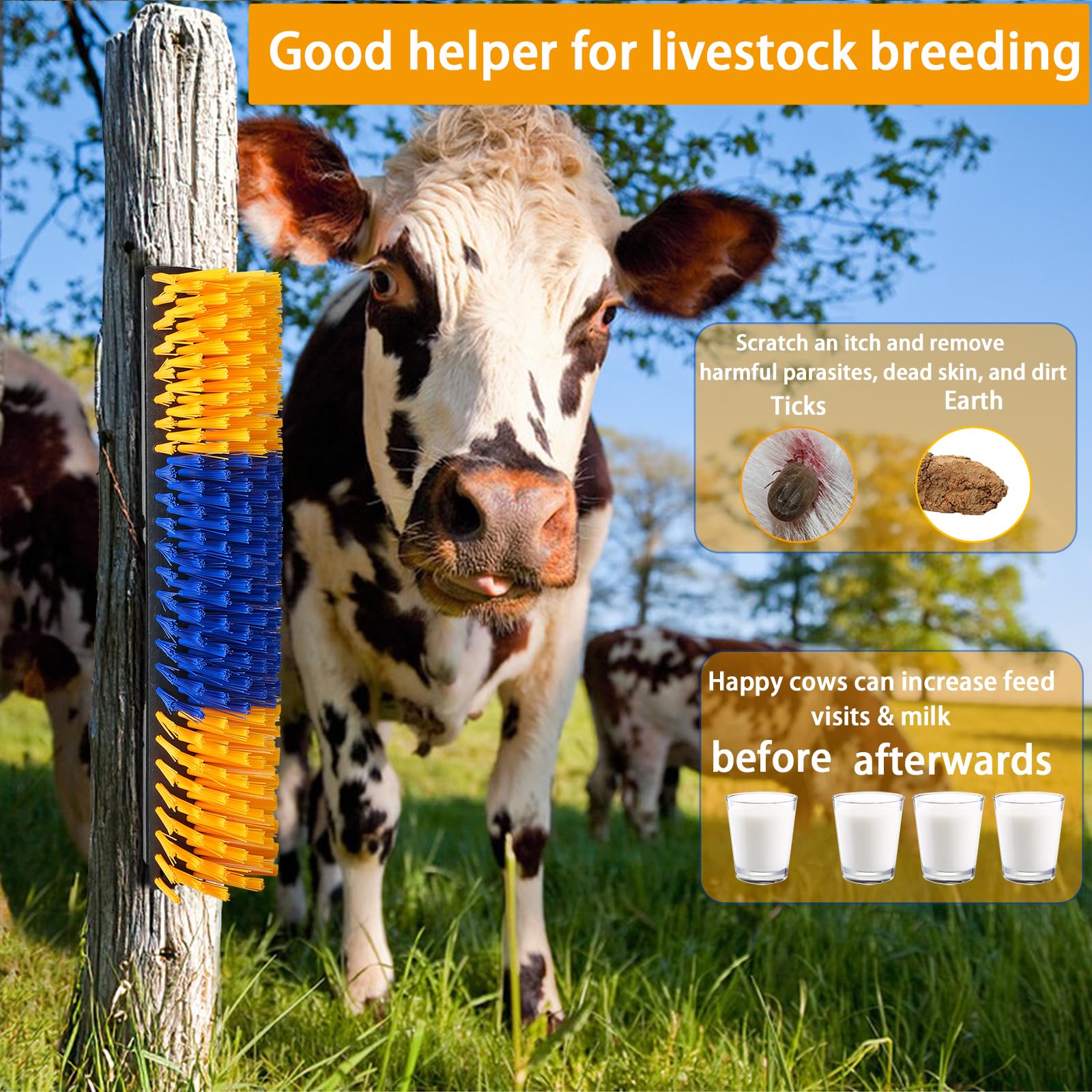 RUSIW livestock scratch brush mounted on post demonstrates easy installation.