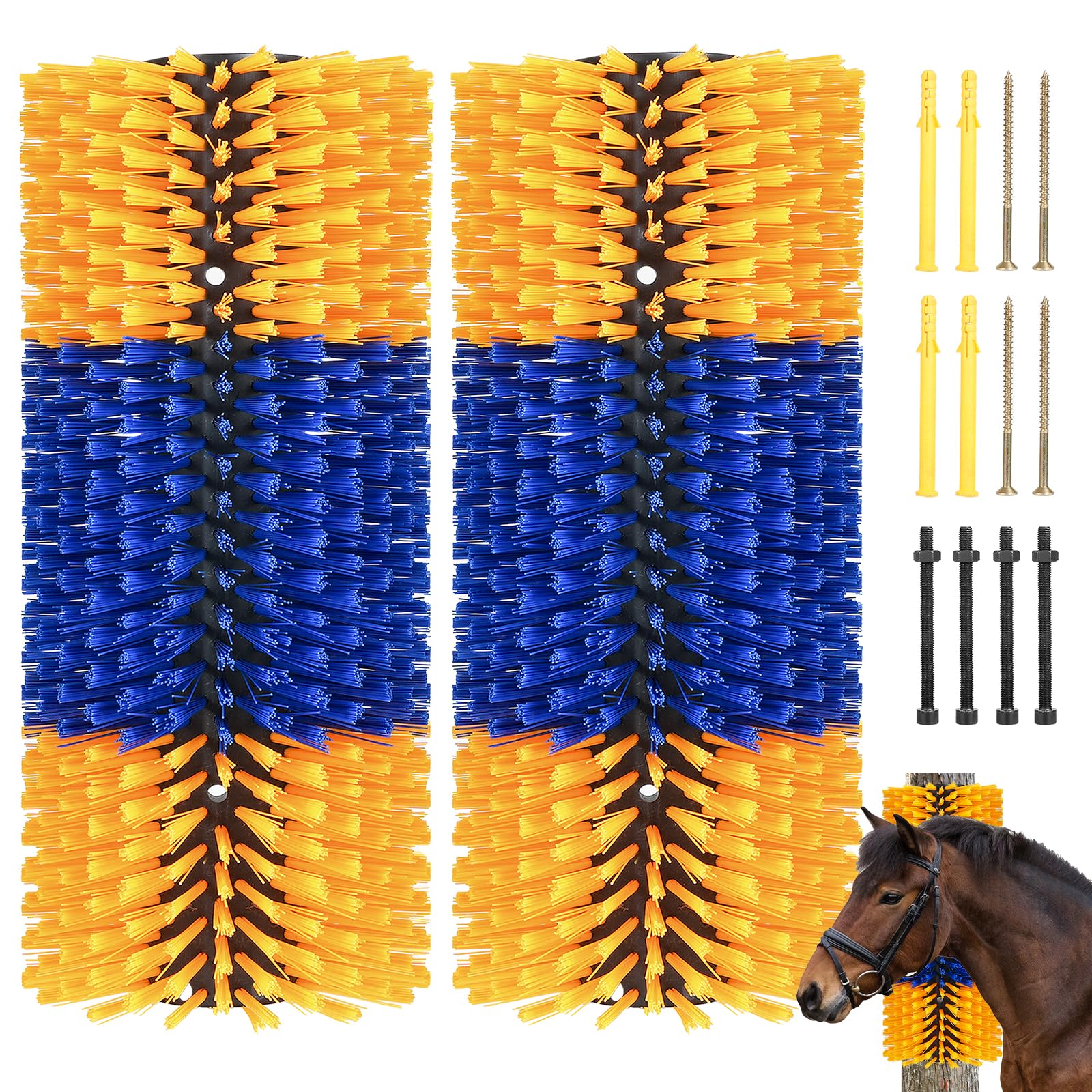 RUSIW livestock scratch brush front view shows bright yellow design for easy access.